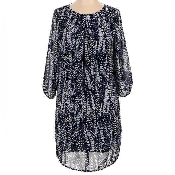 Final Price!! H&M Black Blue & White Crew Neck Sheer Feather Print Dress Size 6 - Picture 1 of 13